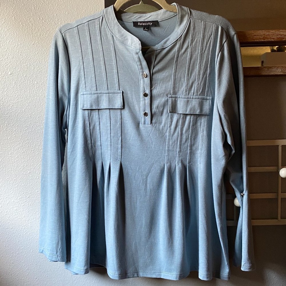 NWOT Relativity Blue Pleated Popover Blouse